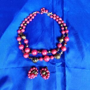Vintage Elegant Pink and Bronze Double Syrand Beaded Necklace Set
